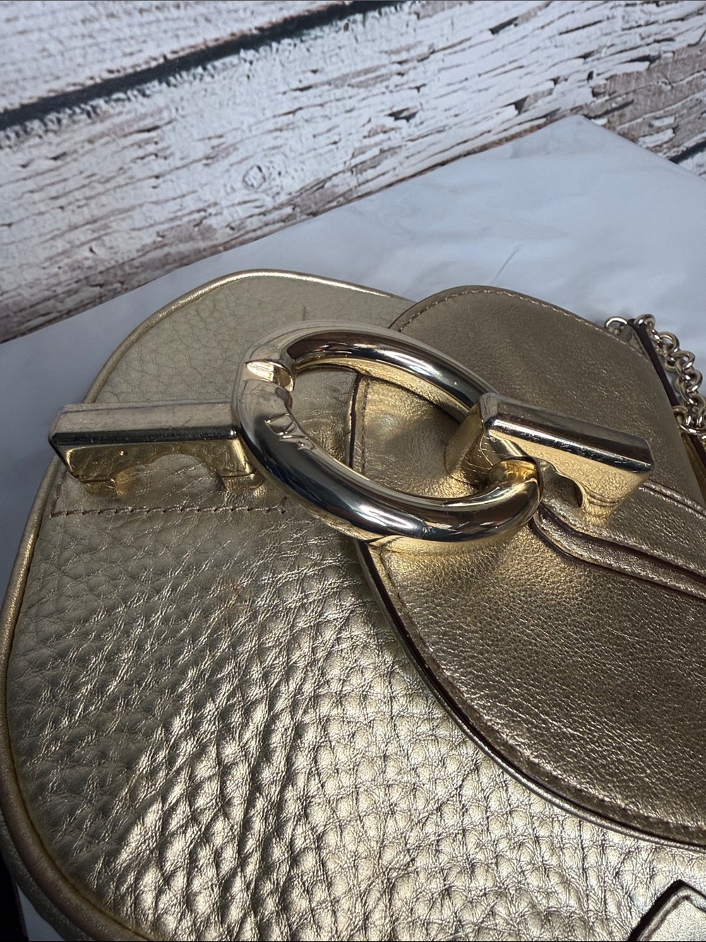 Diane Von Furstenberg Metallic Gold pebble Leather Crossbody Bag w Chain Strap - Picture 9 of 10